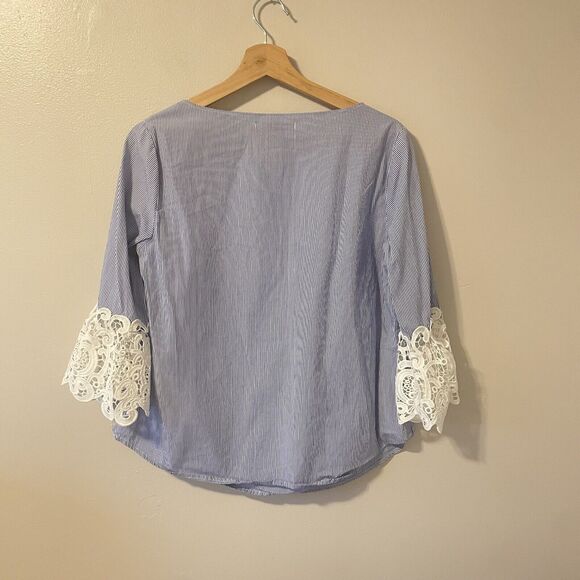 Saks Fifth Avenue Cotton Nautical Striped Lace Blouse Sz M - Picture 4 of 4